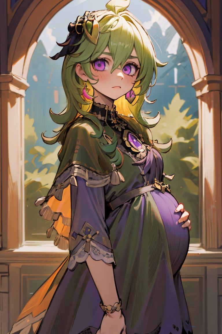 gothic dress, shy, pregnant woman, beautiful hair, masterpiece, best quality, beautiful face, big purple eyes, best quality, masterpiece, highres, 1girl, solo, Collei, colleidef, upper body, in the hall of mansion, Detailedface, (((pregnancy))),lolita_dress