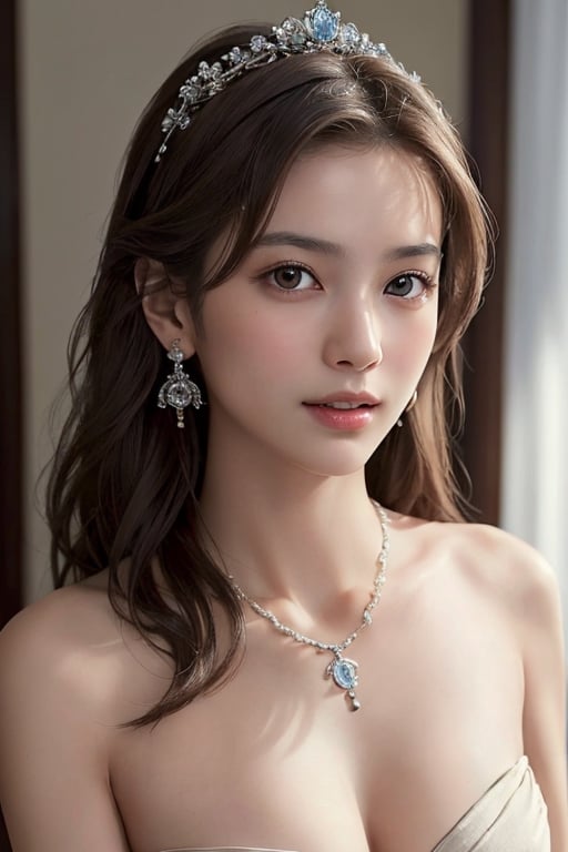 best quality,  (masterpiece::1.4),  (photorealistic::1.4),highly detailed,1 girl,in her 20s,detailed beautiful face,the whole body,
Half-smile  detailed beautiful eyes,medium-length light-brown hair,nude,no cloths,no bar,looks like a princess,cleavage,hair ornament,earrings,necklace,realistic detailed skin texture,detailed hair, ,at nileght,portrait,asian girl,from below,full body view,