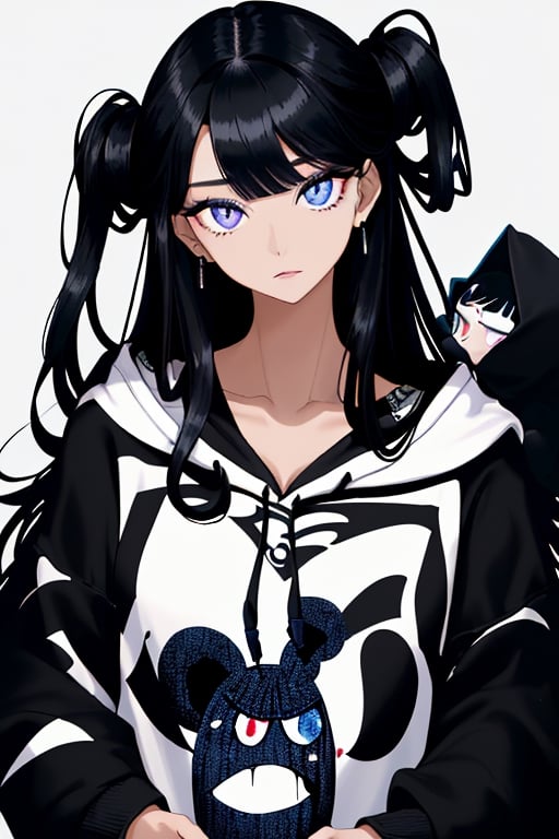 1_woman, black_hair, drop_tall_hair, cross_eyes_straight_swept_bangs, exposed_middle_forhead , Indigo_eyes ,black_hoodie ,