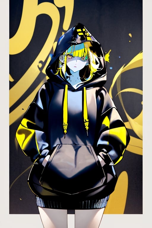 1_woman, yellow_hair, drop_tall_hair, cross_eyes_straight_swept_bangs, exposed_middle_forhead , Indigo_eyes ,black_hoodie ,