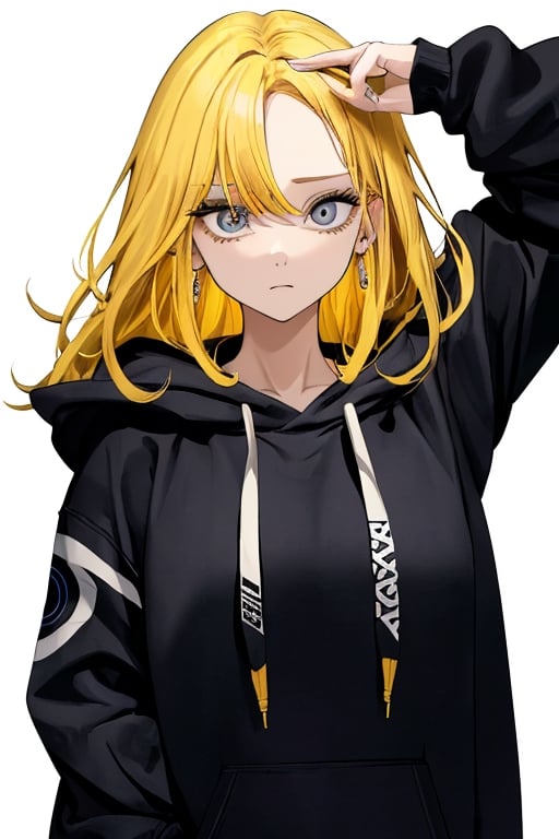 1_woman, yellow_hair, drop_tall_hair, cross_eyes_straight_swept_bangs, exposed_middle_forhead , Indigo_eyes ,black_hoodie ,white background