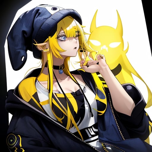 1_woman, yellow_hair, drop_tall_hair, cross_eyes_straight_swept_bangs, exposed_middle_forhead , Indigo_eyes ,black_hoodie ,white background