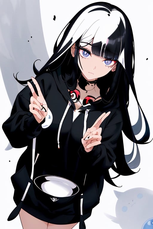 1_woman, black_hair, drop_tall_hair, cross_eyes_straight_swept_bangs, exposed_middle_forhead , Indigo_eyes ,black_hoodie ,