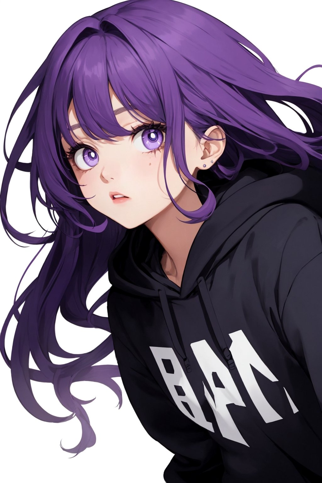 1_woman, purple-hair, drop_tall_hair, cross_eyes_straight_swept_bangs, exposed_middle_forhead , Indigo_eyes ,black_hoodie ,white background