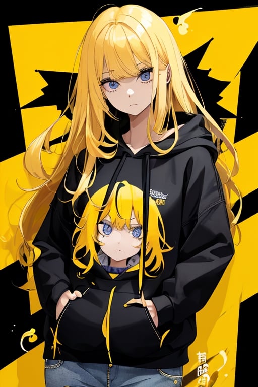 1_woman, yellow_hair, drop_tall_hair, cross_eyes_straight_swept_bangs, exposed_middle_forhead , Indigo_eyes ,black_hoodie ,