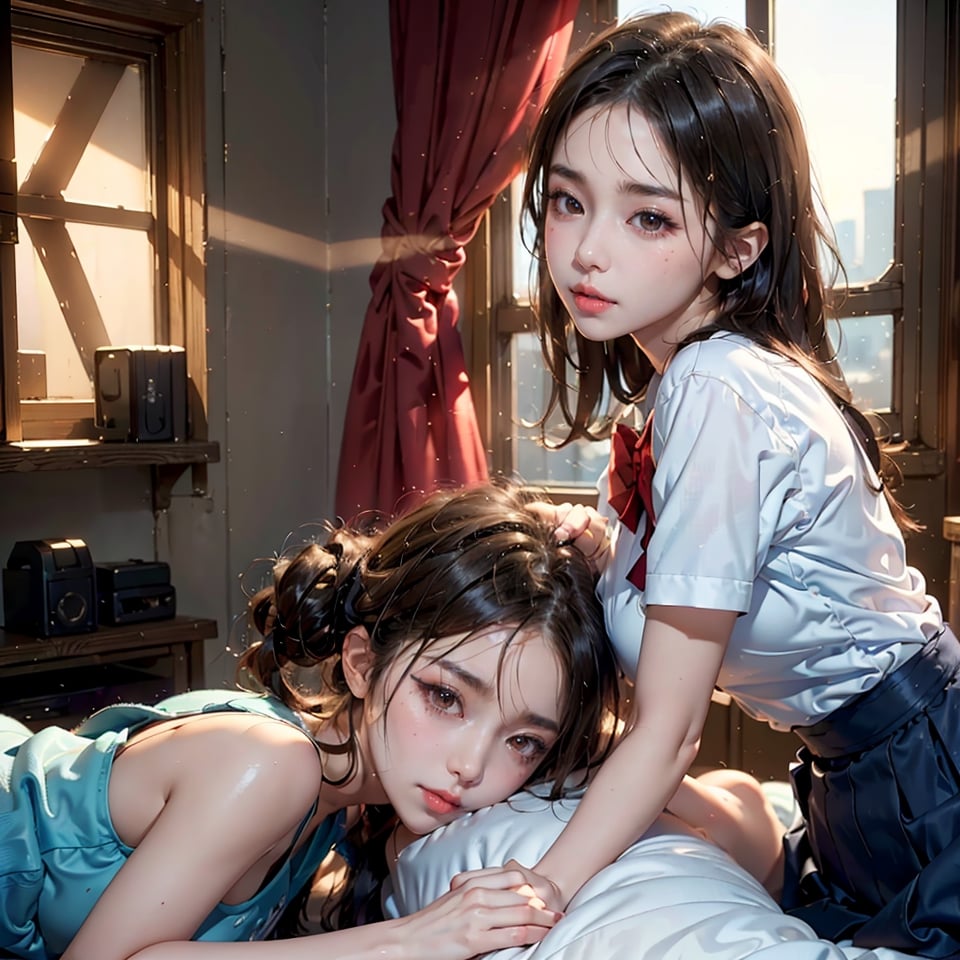 Photorealistic, Masterpiece, high resolution, high detail, ((2girls, sandwitch, surrounded by girls, view from top, oppai loli )), (fluttering hair, light pale skin, baby face), ((school uniform, ahegao)), ((backlit dim lighting, bed room)),(take off clouth),asian girl,cuddling handjob,titfuck,pov