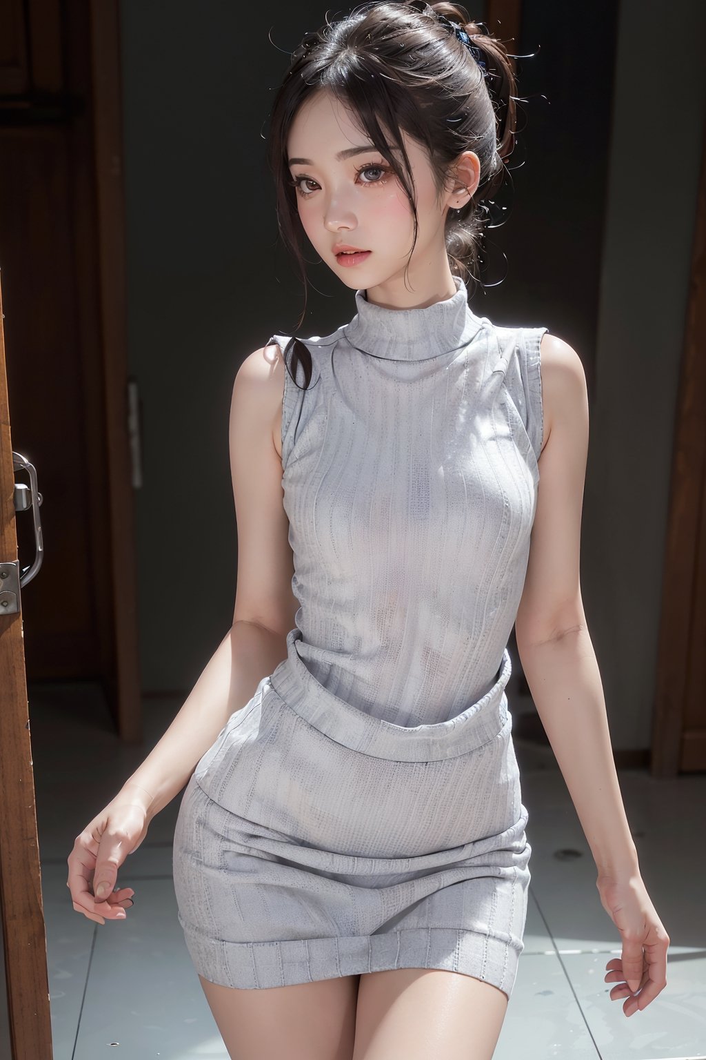 raw photo,ultra detailed, 1girl,18years old, asian,pale skin ,(photo realistic:1.4), (perfect body:1.3), (upper body:1.3), (sleeveless slim fitted sweater dress:1.4) , (narrow waist:1.4), (slim thighs:1.5), (crying:0.9),(smudged mascara) (wash room),(depth of field),(look down from the side)