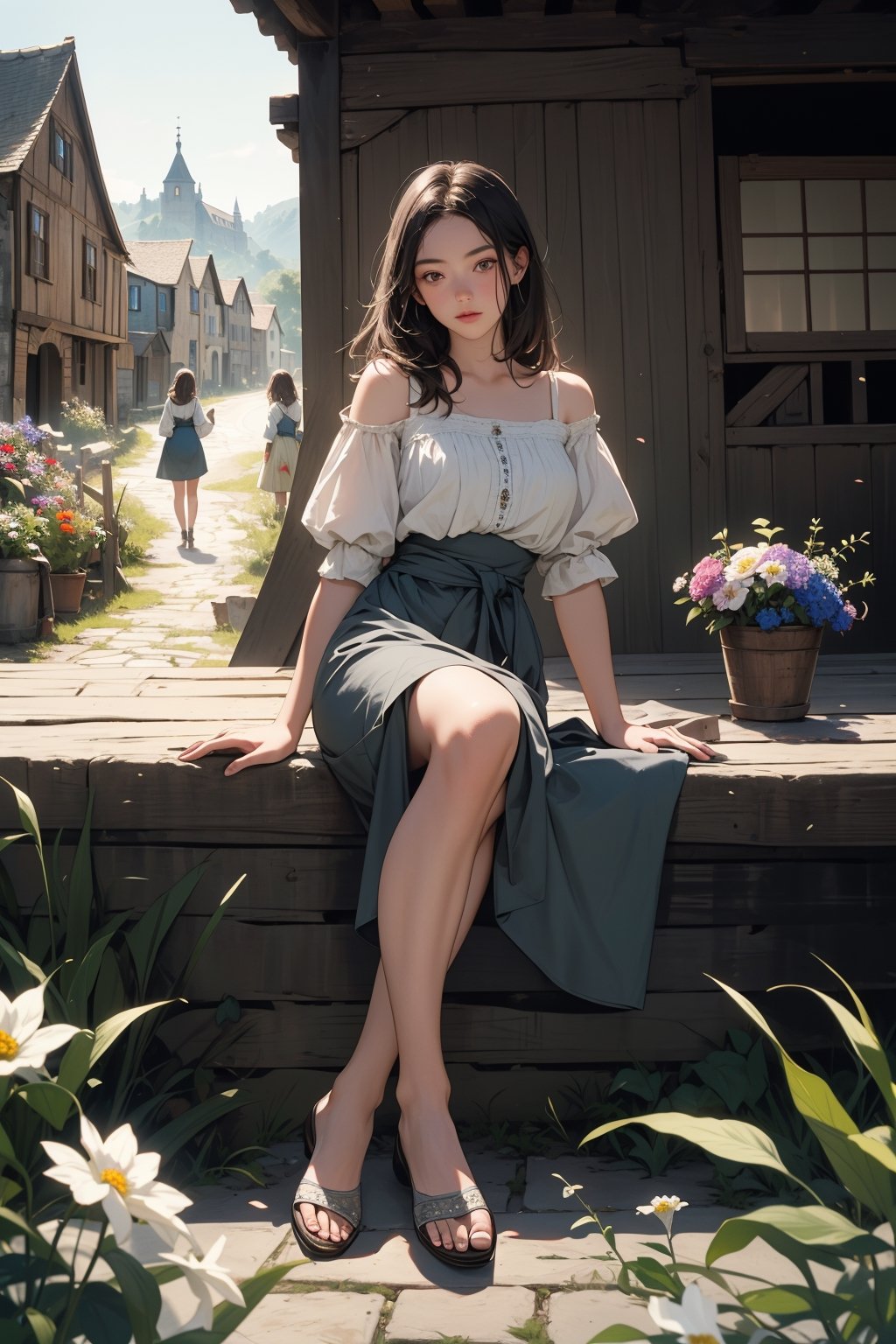 (Masterpiece, Photorealistic, 8K resolution, Ultra High Quality, Incredibly Detailed, Cinematic lighting, Perfect anatomy, RAW),  Medieval town, cobblestone street, young girls selling flowers, dressed in simple medieval peasant attire, no modern items, surrounded by rustic buildings, warm summer day, narrow waist, bare legs,highres