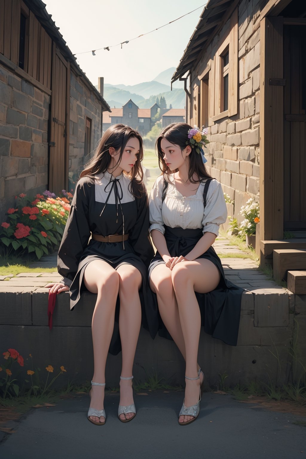 (Masterpiece, Photorealistic, 8K resolution, Ultra High Quality, Incredibly Detailed, Cinematic lighting, Perfect anatomy, RAW),  Medieval town, cobblestone street, young girls selling flowers, dressed in simple medieval peasant attire, no modern items, surrounded by rustic buildings, warm summer day, narrow waist, bare legs,highres