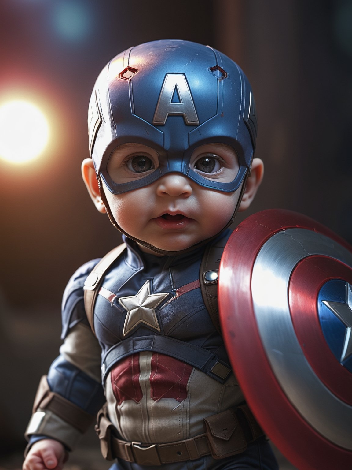 BABY marvel hero captain america,  Colorful,  magical photography, dramatic lights, photo-realism, hyper-detailing, 4K, degree of freedom, A high resolution.