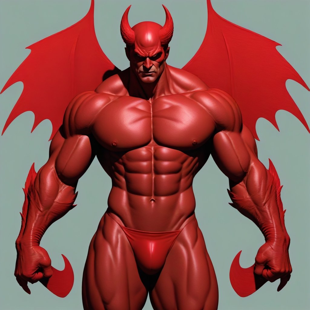 , the sexy naked red demon (batlike wings, very toned muscles, nice large round crotch bulge) lying on his back, thrusting his hips, showing off his body,<lora:659095807385103906:1.0>,<lora:659095807385103906:1.0>