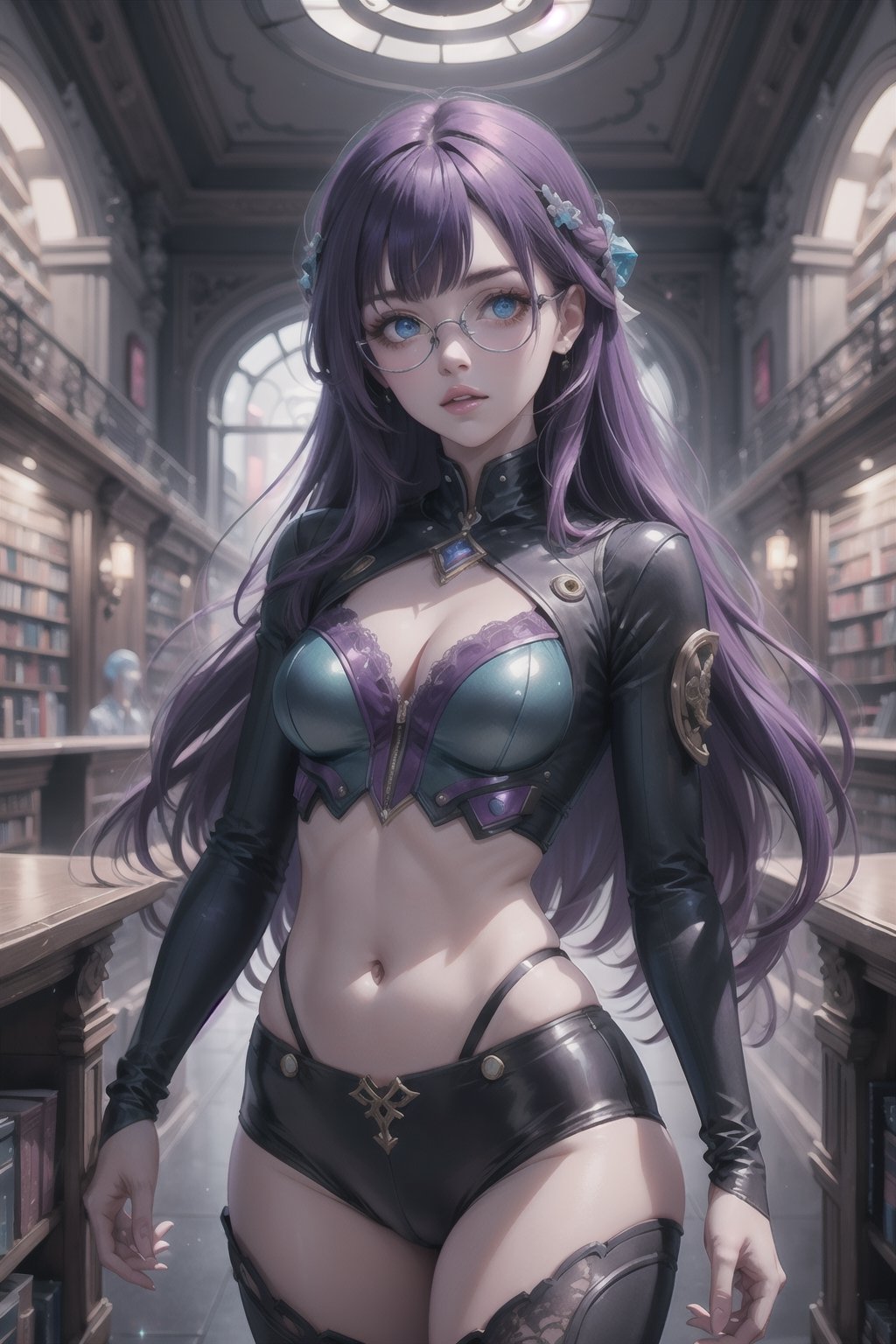 (masterpiece), best quality, high resolution, highly detailed, detailed background, perfect lighting, 1girl, long fringe, neon pink, lace underwear, body suit, skin tight, exposed midriff, purple hair, long hair, wavy hair, blue eyes, round glasses, pierced bellybutton, small nose, full lips, parted lips, medium breasts, cleavage, toned body, toned thighs, medium waist, steampunk library, theater, fallenmjstyle, glitter, DonMC3l3st14l3xpl0r3rsXL