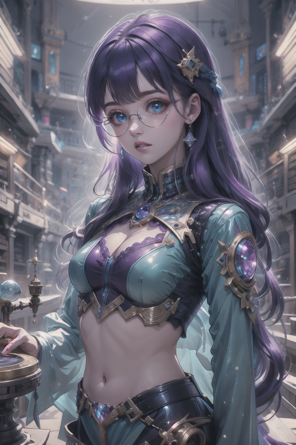 (masterpiece), best quality, high resolution, highly detailed, detailed background, perfect lighting, 1girl, long fringe, lace underwear, body suit, skin tight, exposed midriff, purple hair, long hair, wavy hair, blue eyes, round glasses, vapor aura, small nose, full lips, parted lips, medium breasts, cleavage, toned body, toned thighs, medium waist, steampunk library, theater, fallenmjstyle, glitter, DonMC3l3st14l3xpl0r3rsXL,shodanSS_soul3142,glitter