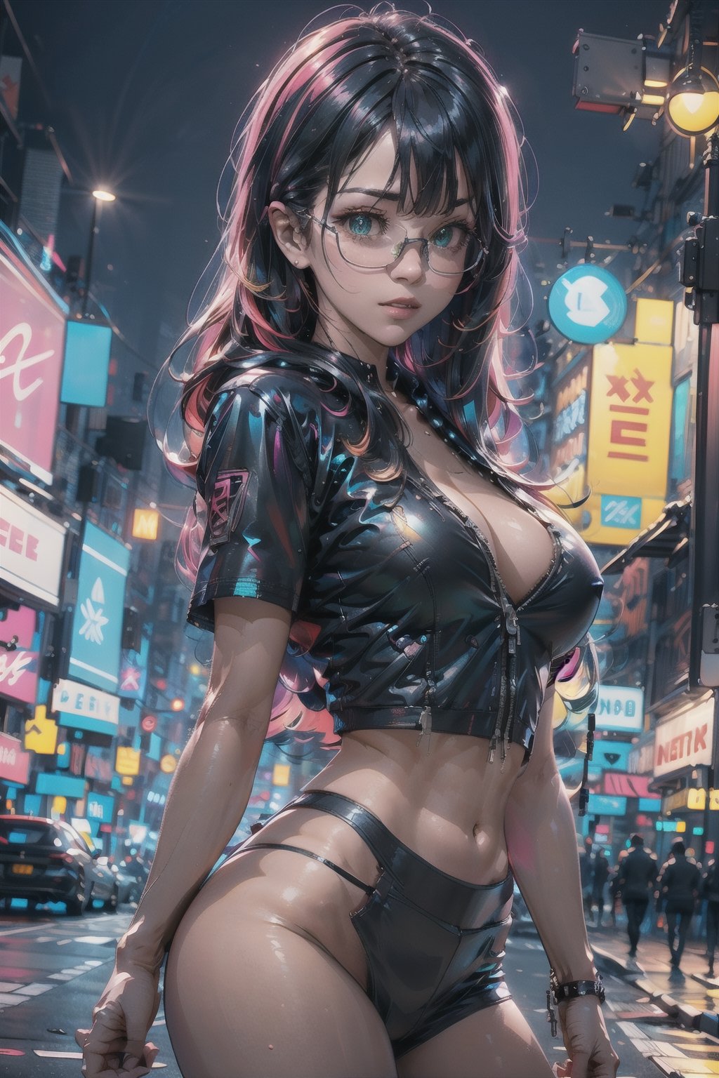 (masterpiece), best quality, high resolution, highly detailed, detailed background, perfect lighting, 1girl, medium fringe, swimsuit, pearlescent hair, green eyes, glasses, round nose, parted lips, medium breasts, deep cleavage, toned body, cyberpunk city, theater, glitter, futureaodai, ASU1,neonnightKA