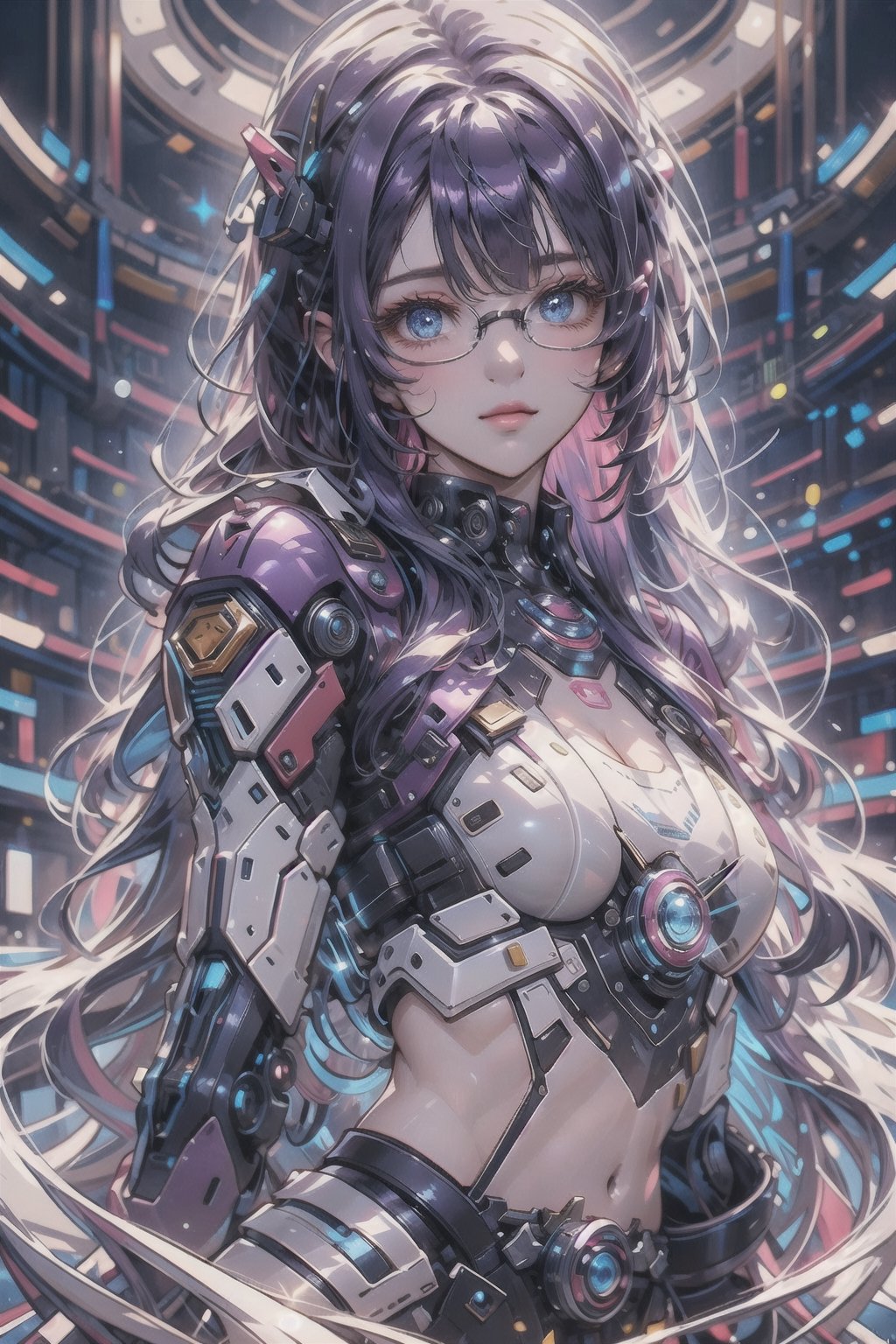 (masterpiece), best quality, high resolution, highly detailed, detailed background, perfect lighting, 1girl, long fringe, lace underwear, body suit, skin tight, exposed midriff, purple hair, long hair, wavy hair, blue eyes, round glasses, thin frames, misty aura, small nose, full lips, parted lips, slight smile, medium breasts, deep cleavage, toned body, low waist, futuristic library, theater, fallenmjstyle, glitter, DonMC3l3st14l3xpl0r3rsXL,shodanSS_soul3142,glitter,mecha