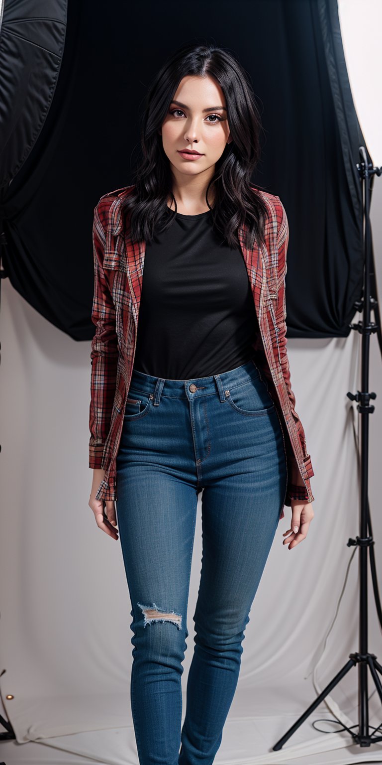 Realistic full shot of stunning Courtney LaPlante, donning fashion clothing on a photo studio