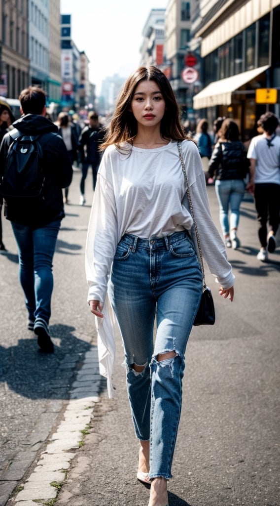 The image features a woman walking down a city street, wearing a white shirt and blue jeans. She is the main focus of the scene, and her outfit is complemented by high heels. The woman appears to be confidently striding through the city, possibly enjoying a leisurely stroll or heading to a destination.
In the background, there are several other people walking on the street, adding to the bustling urban atmosphere. The presence of multiple pedestrians suggests that this is a busy area of the city, with people going about their daily activities. (controlnet_mode:canny  RealMixXL, sdxl-1.0.0.9. safetensors, SeargeSDXL4.2-Llama2 prompt)