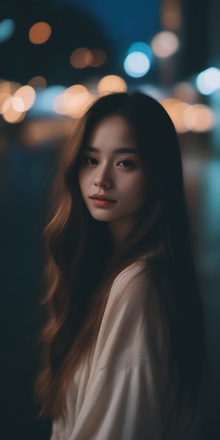  aesthetic portrait, 1girl,solo, long hair, bokeh, depth of field, cinematic, nighttime ,aesthetic portrait