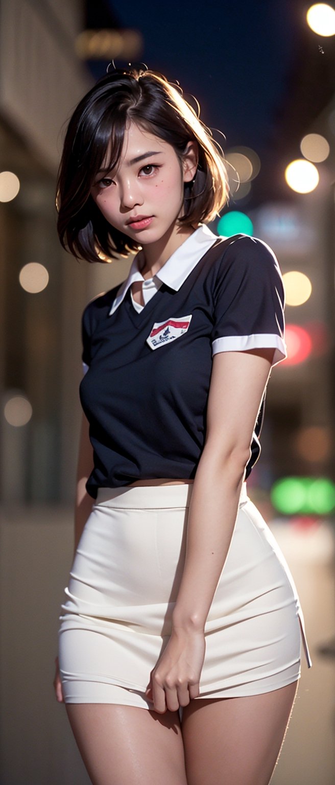 1girl,((Natural Portrait)),(Top Quality, Masterpiece), Realistic, Ultra High Resolution, Complex Details, Exquisite Details and Texture, Realistic, Beauty, Thai College Student, Serafuku, Thin and Long Body, Summer_School Uniform, White Shirt, Navy blue skirt, turn around, lift up, bend down with hips facing forward, no panties, lift skirt, arms behind back, hands spread hips, showing pussy, spanking, short hair, round face,IncrsDistractedBoyfriendMeme,blurry_light_background