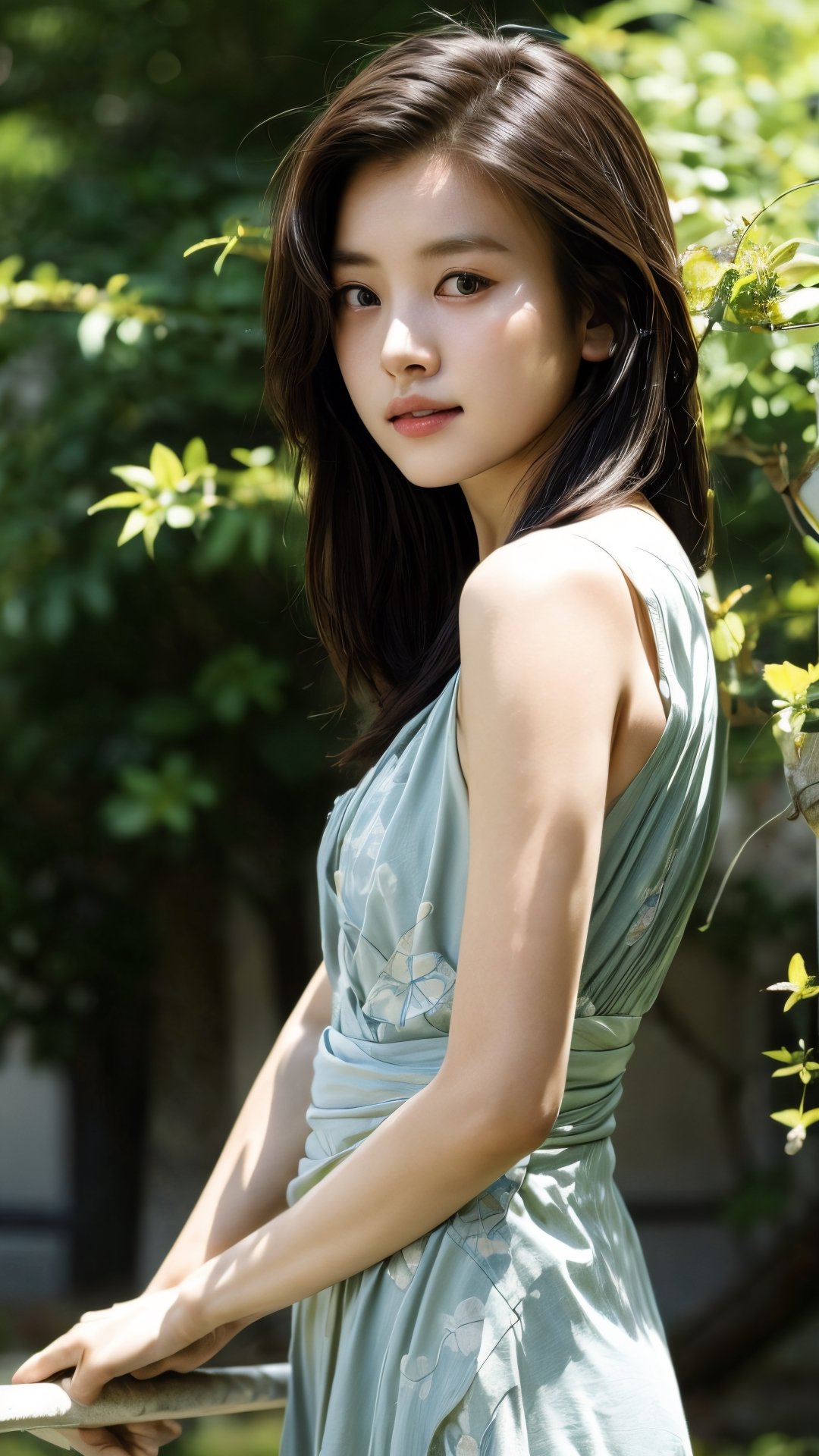 (highest quality, masterpiece: 1.2), highly detailed, (realistic photo: 1.4), 16 year old Japanese girl, 1 solo, cute girl, from below, simple green meadow background, absolute_beautiful_girl,hyojoo,Young beauty spirit 