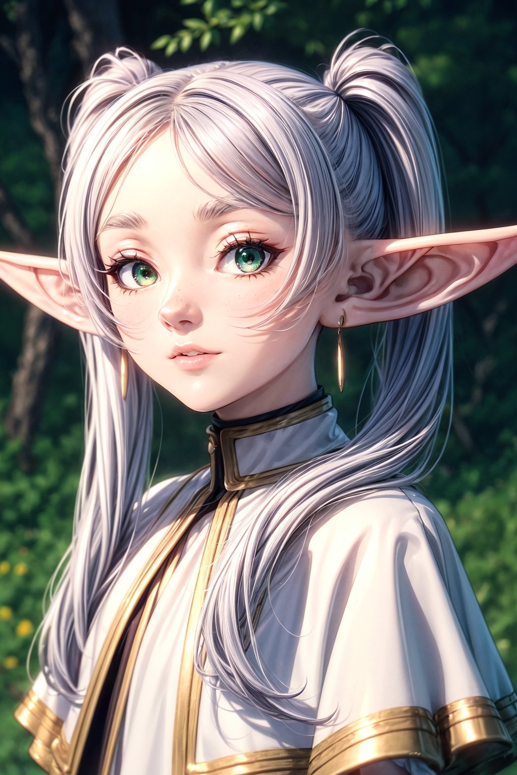 8k, HQ, best quality, picture-perfect face,high resolution, highly detailed, detailed background, cinematic light, fantasy,1girl, earrings, elf,long hair,pointy ears, solo,twintails,green eyes,earrings, silver hair,white capelet, long sleeves, white dresss,cenery,looking at viewer,(adorkable:1.2),dorky,cute_fang