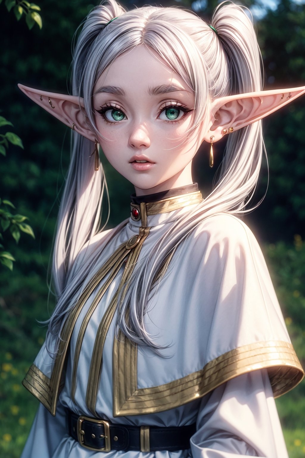 8k, HQ, best quality, picture-perfect face,high resolution, highly detailed, detailed background, cinematic light, fantasy,1girl, earrings, elf,long hair,pointy ears, solo,twintails,green eyes,earrings, silver hair,white capelet, long sleeves, white dresss,cenery,looking at viewer