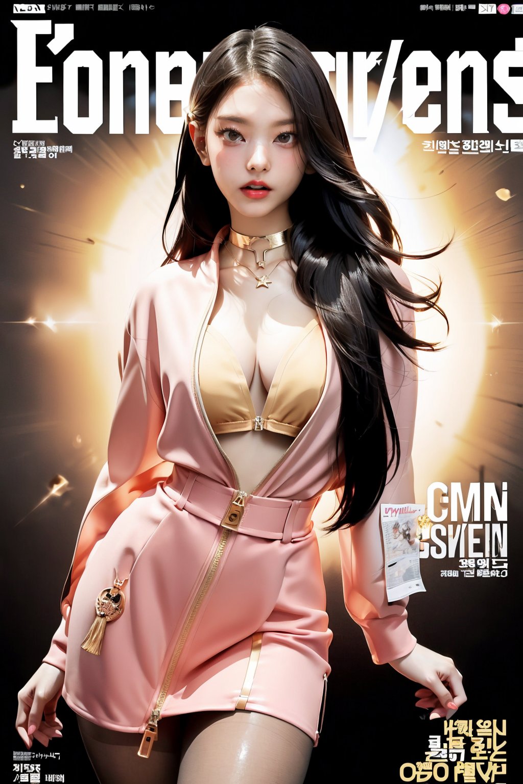 (Masterpiece, Best Quality: 1.2), 1girl, 25 years old beautiful Korean woman:1.3, extremely beautiful face, (Title: 1.5), (Dynamic Poses: 1.4), (Magazine Cover: 1.5), Looking at the Audience, (Thighs: 0.5), (Solo: 1.5), (Cowboy Shot: 1.2), (from bottom to top: 1.3), (bbpeco), (ahoge), (golden retriever: 1.3), solo, long hair:1.2, chest, looking at audience, open mouth, bangs, middle breasts:0.8, slim waist:1.4, wide hip:0.6, black leather neck choker, long sleeves, cleavage, coat, (long hair:1.5), teeth, shiny, lips, shiny skin, v-shaped, tights, caftan, headphones, tight clothing, headphones, gown, shiny clothes, latex, detailed clothes, black fur bracelet, pink tights, latex tights, nudity, zipper open, no clothes, sexy pose, tights, big eyes, facing the viewer , asian girl,masterpiece,realistic,best quality,masterpiece,backlight, halo, (Skinny body with perfect model-like proportions),female,cute