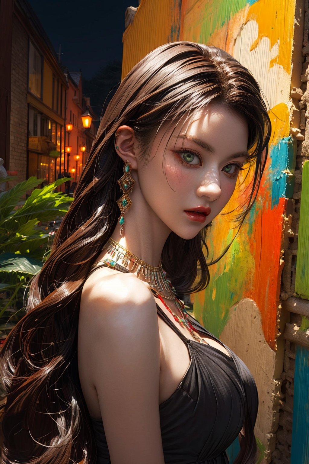 1girl, solo, Yukina, oil painting, impasto, looking at viewer, a young woman, 18 years old, red hair, long hair, green eyes, skinny body, big breasts, tribal necklace, urban psychedelic outfit, psychedelic  background, masterpiece, nijistyle, niji, ,sciamano240, soft shading, yukina