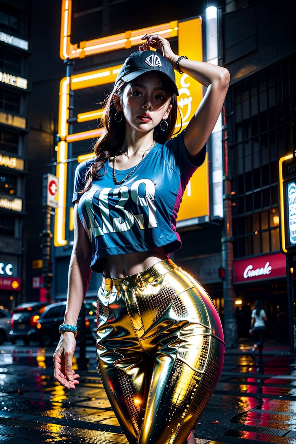 Masterpiece, ultra high resolution, outrageous,
A woman in her 20s wearing (Ball cap, printed cropped t-shirt and sweatpants), sophisticated fashion. Shiny long hair blowing in the wind, wearing small earrings, simple necklace and bracelet, city background, ((dynamic pose looking at the viewer)), Dutch angle, ((Big breasts:1.15)), ((big hips:1.05)), ((narrow waist:1.1)),Night view, street, neon sign, downtown,midnight,blurry_light_background