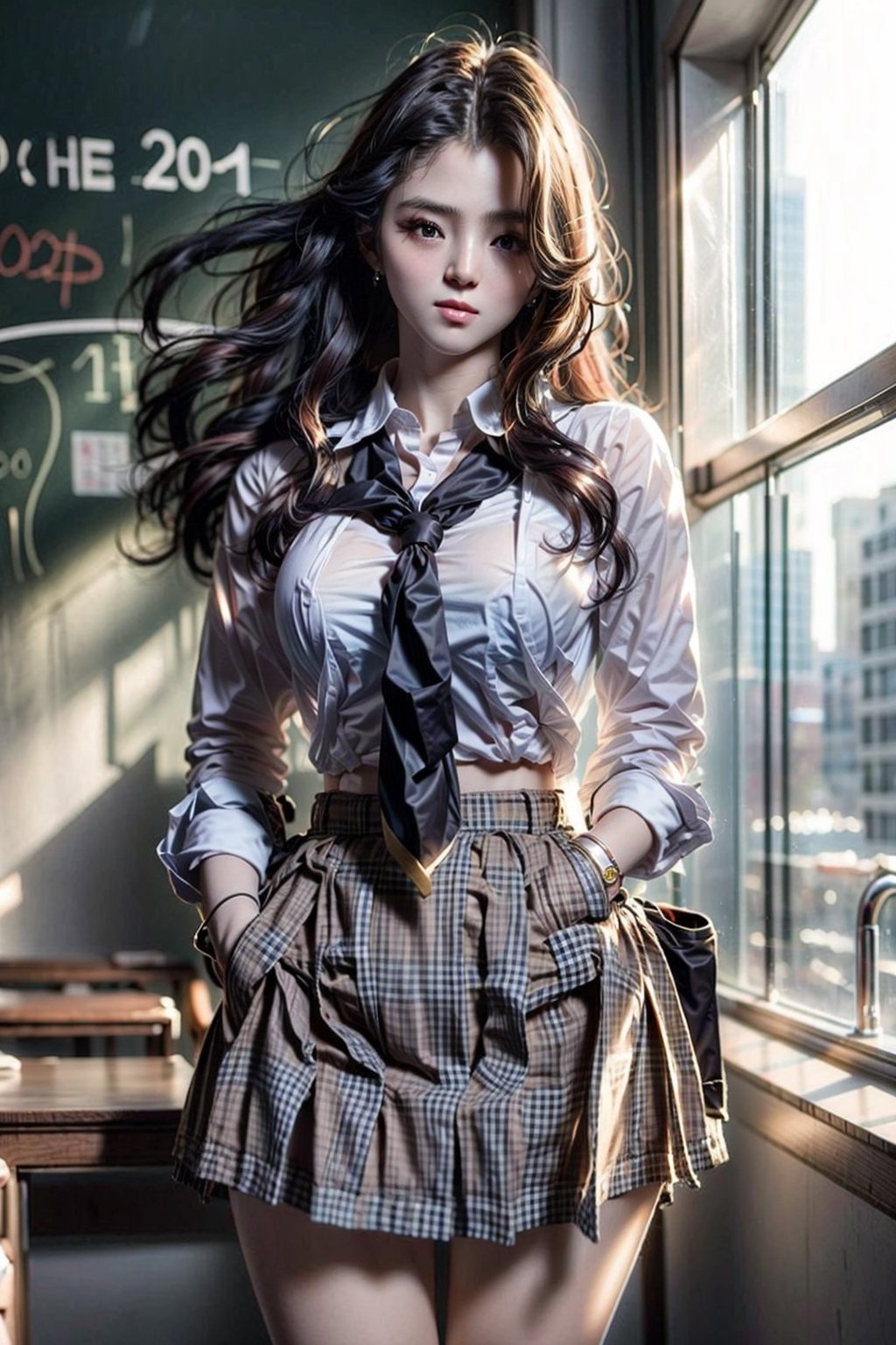 Masterpiece, 8k, highest quality, ultra detail, beautiful detailed face, cinematic lighting, (20 year old beautiful Korean woman: 1.2), school, students, classroom, curtain, finger detail, (big breasts: 1), (wide hips: 1.7), (slim waist: 1), detailed background, dynamic lighting, (school uniform: 1.4), detailed school uniform, beautiful long hair blowing in the wind,sohee