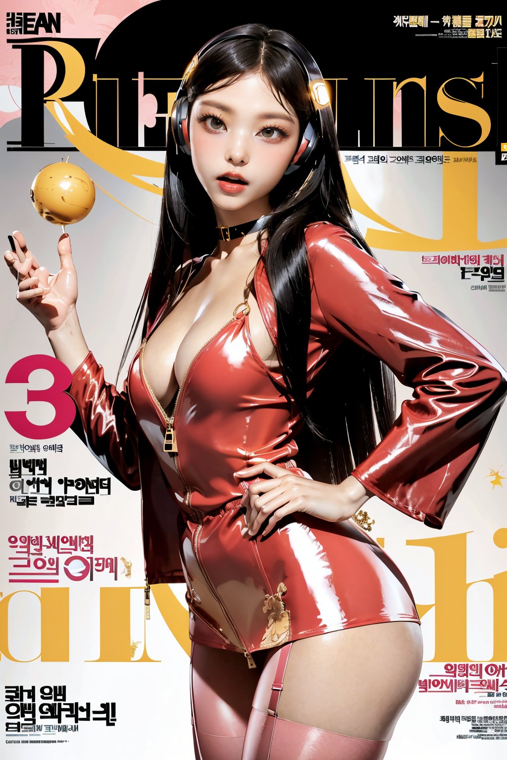 (Masterpiece, Best Quality: 1.2), 1girl, 25 years old beautiful Korean woman:1.3, extremely beautiful face, (Title: 1.5), (Dynamic Poses: 1.4), (Magazine Cover: 1.5), Looking at the Audience, (Thighs: 0.5), (Solo: 1.5), (Cowboy Shot: 1.2), (from bottom to top: 1.3), (bbpeco), (ahoge), (golden retriever: 1.3), solo, long hair:1.2, chest, looking at audience, open mouth, bangs, middle breasts:0.8, slim waist:1.4, wide hip:0.6, black leather neck choker, long sleeves, cleavage, coat, (long hair:1.5), teeth, shiny, lips, shiny skin, v-shaped, tights, caftan, headphones, tight clothing, headphones, gown, shiny clothes, latex, detailed clothes, black fur bracelet, pink tights, latex tights, nudity, zipper open, no clothes, sexy pose, tights, big eyes, facing the viewer , asian girl,masterpiece,realistic,best quality,masterpiece,backlight, halo, (Skinny body with perfect model-like proportions),female,cute