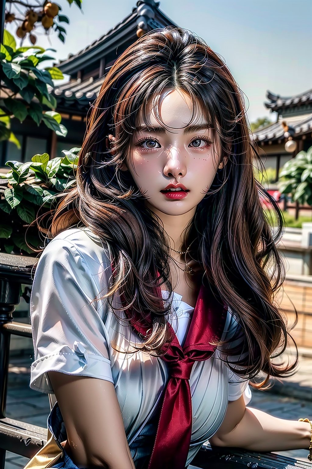 (best quality, highres:1.2), ultra-detailed, realistic, origin, school uniform, 1 girl, (20 year old beautiful Korean girl:1.3), solo, outdoors, looking at the viewer, masterpiece, illustration