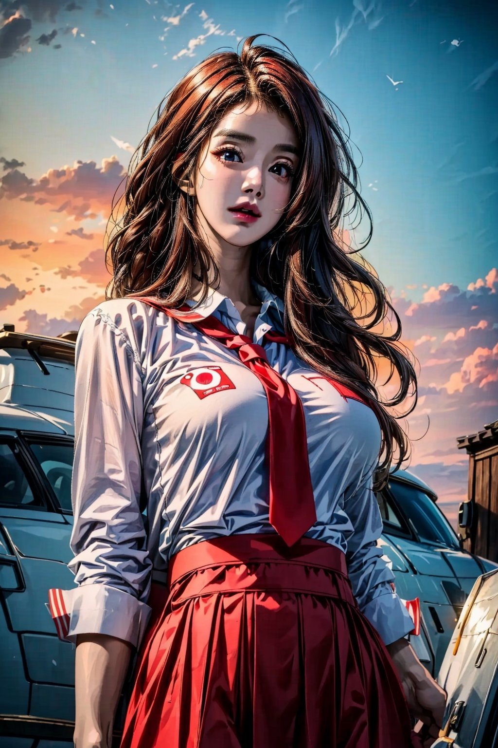 (best quality, highres:1.2), ultra-detailed, realistic, origin, school uniform, 1 girl, (20 year old beautiful Korean girl:1.3), solo, outdoors, looking at the viewer, masterpiece, illustration, big breasts