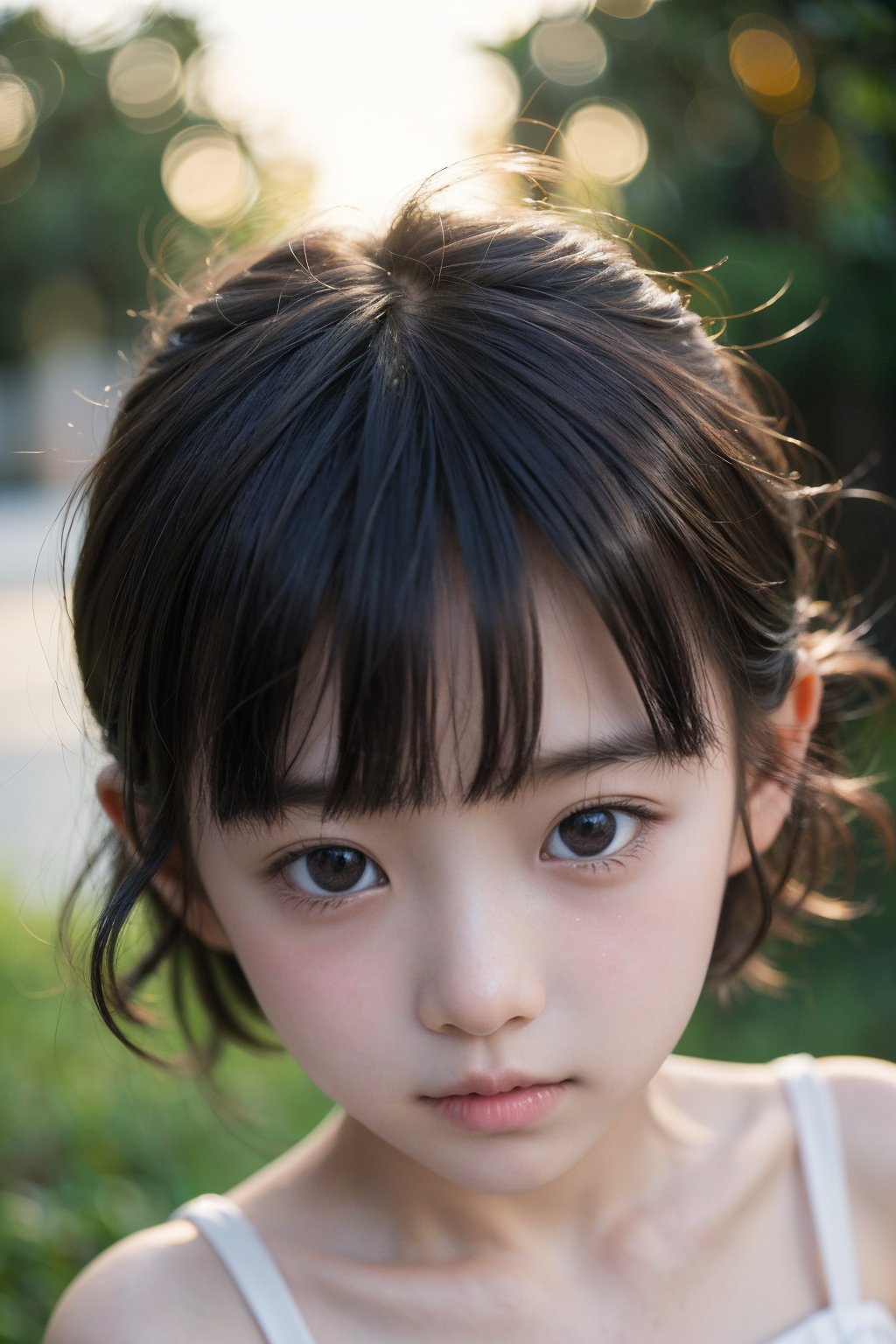 主：(Misty woods under sunset),(((Focus on close-up photos of faces))),
人：1litte 1kid 7yo gril (Child:1.2), 
優：(Stable Diffusion 1.5),
髮：(((short hair))),(((bangs))),(((Well-defined hair strands:1.4))),
服：(Off-the-shoulder),deep V neckline,