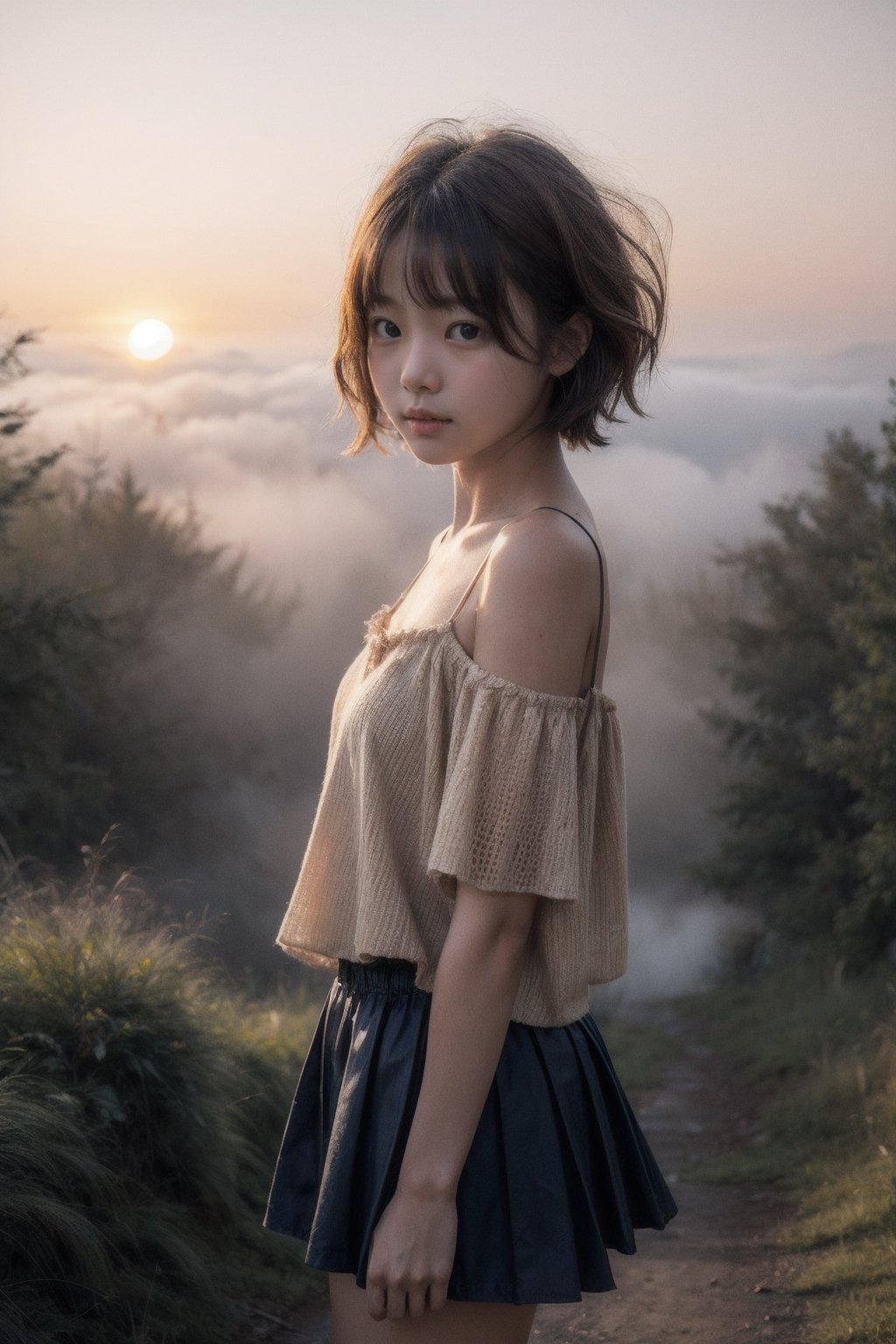 主：(((Fog forest with golden sunset))),(looking at the audience),(focus on face),(standing),
人：best quality, photo realistic, master piece, (((1child))), female lowteen, smug, blush,
優：Dream girl, better hands,
髮：bangs, (((Extremely short hair))),
服：Off the shoulder,(spaghetti strap off the shoulder shirt), mini skirt,