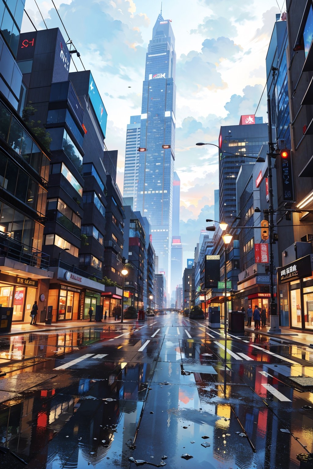 (masterpiece, best quality, highres:1.3), ultra resolution image, Road extending into the distance with a massive mountain range, puddles after rain, skyscrapers and a park along the road, signage hanging, cloudy weather, distant thunderstorm, pedestrians on the sidewalk, traffic lights and road, anime-style, with a sense of perspective and a vast scene.