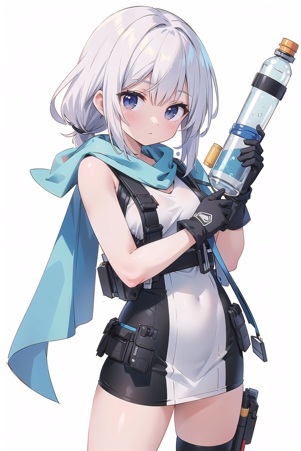 (masterpiece, best quality, highres:1.3), ultra resolution image, female character in construction gear, holding a hammer, towel draped over her shoulder, carrying a water bottle, wearing gloves, white background