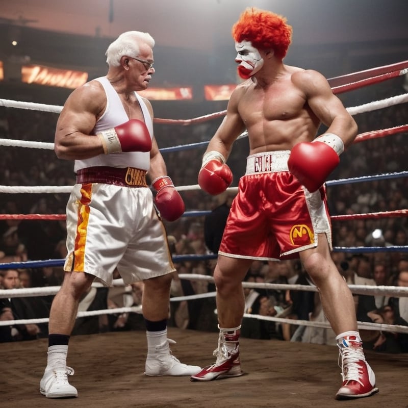Prepare for an intense showdown as Colonel Sanders, transformed into a muscular powerhouse, steps into a boxing ring to face off against Ronald McDonald, who takes on the guise of a mischievous clown. The battle is depicted in a realistic photography style, capturing the gritty and visceral nature of the fight.