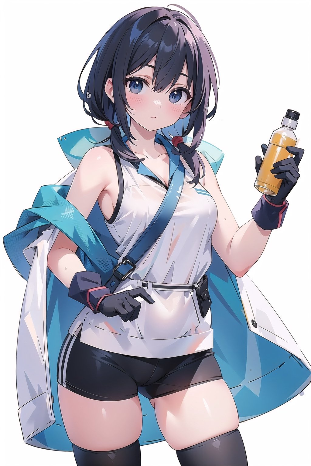 (masterpiece, best quality, highres:1.3), ultra resolution image, woman with a hammer, construction attire, towel around her neck, water bottle in hand, gloves on, against a white backdrop