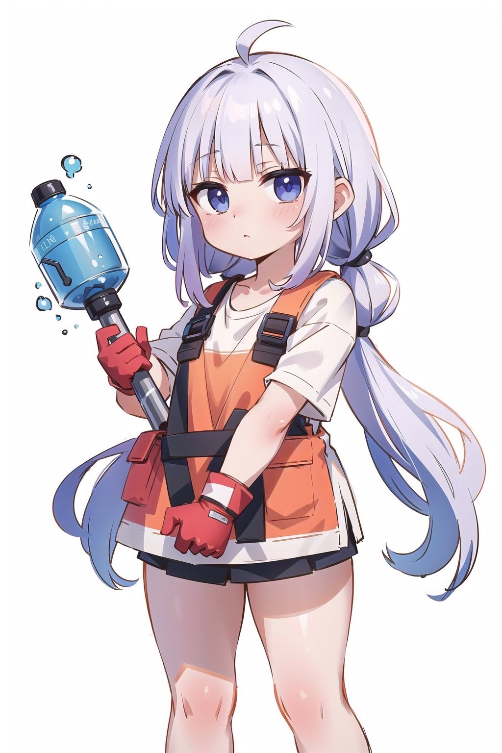 (masterpiece, best quality, highres:1.3), ultra resolution image, female construction worker, holding a hammer, wearing a towel, carrying a water bottle, wearing gloves, white background,chibi,Kanna Kamui 