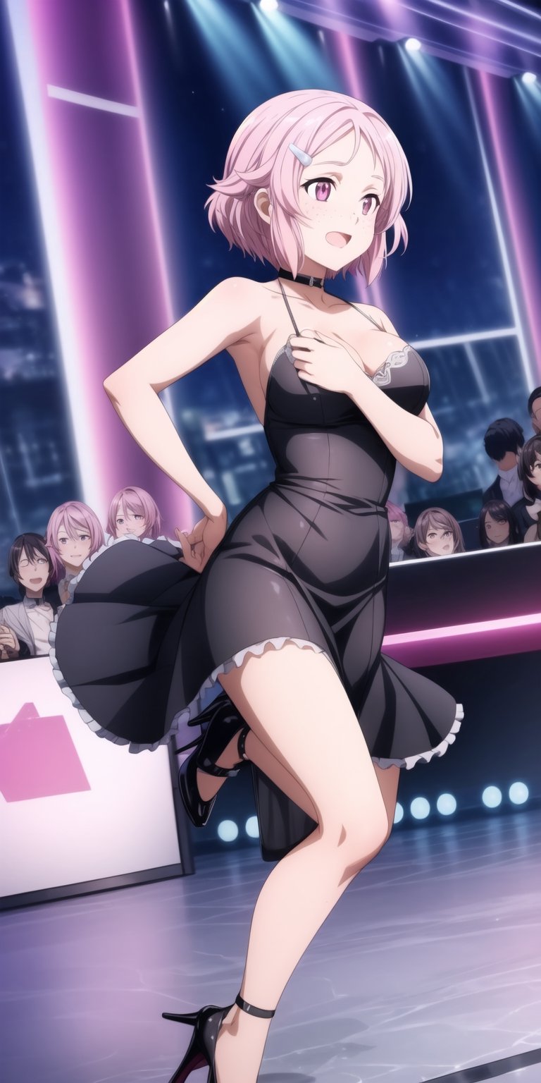 masterpiece, highly detailed, 4K, vibrant colors, sharp focus, best quality, depth of field, perfect body, perfect anatomy, beautiful background, fully detailed background, happy expressions, lisbeth, pink hair, hairclip, freckles, pink eyes, wearing a black dress, black high heels, at a nightclub, stripping down for the crowd,