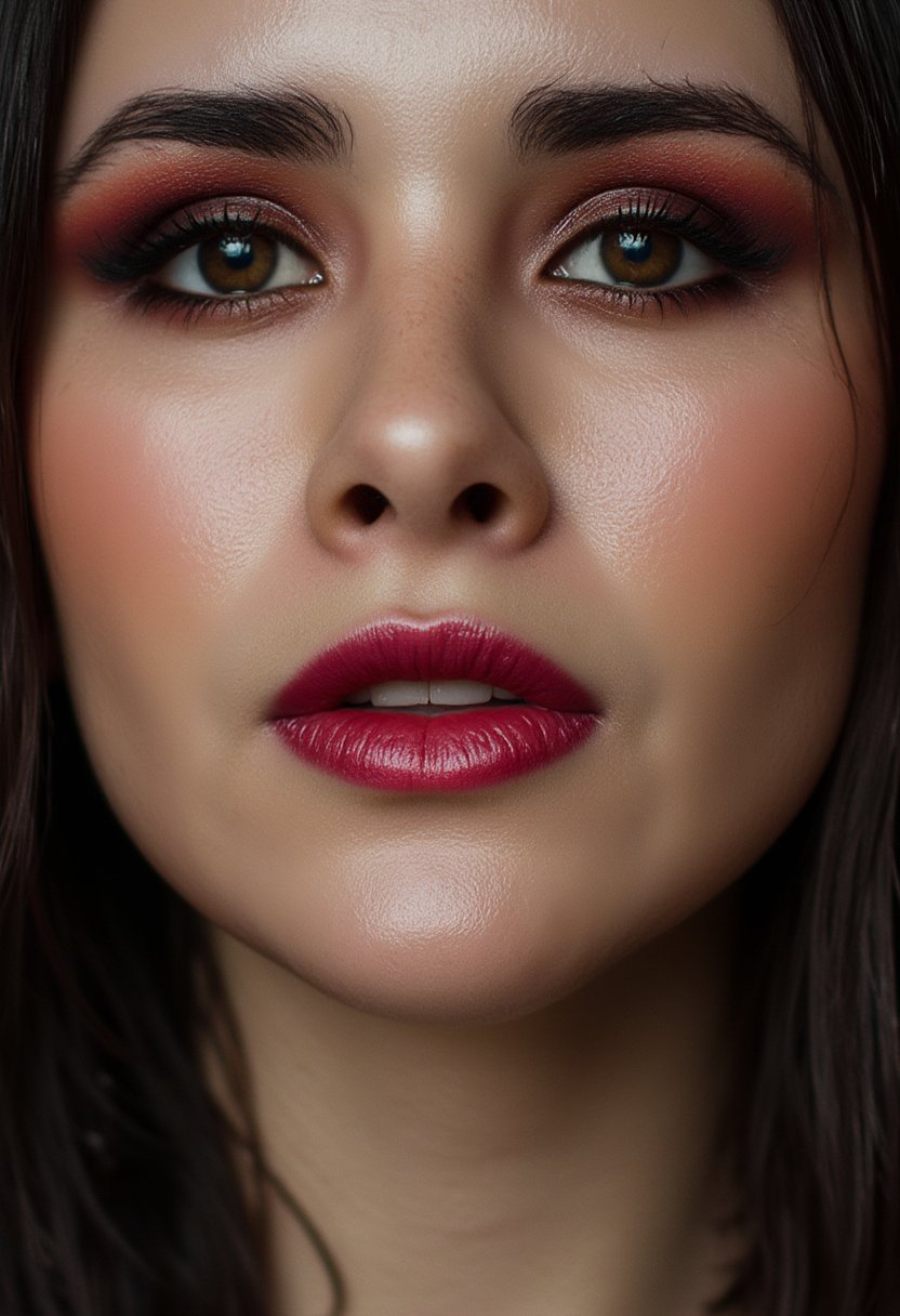 masterpiece, realistic scenery, ultra high quality, a gorgeous 23yo woman (emely), dark red lipstick, smokey eyes make-up, brown eyes, extreme close-up face view, hyperrealism,