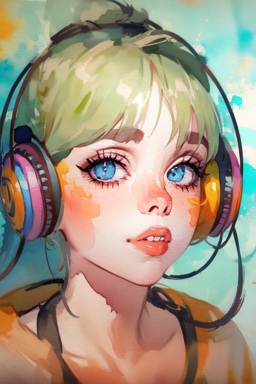 Face of woman, headphones, watercolor style,wat3rc0l0r