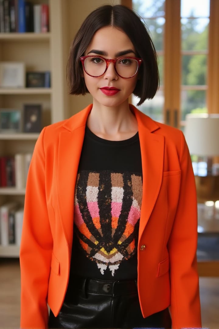 a woman, thin, short hair, black hair, thin and defined eyebrows, a broad, well-defined forehead, pretty face, delicate featured face, bold red lipstick, round modern red glasses, orange blazer over a black t-shirt featuring an artistic print with vibrant colors like orange, black, white, and pink, black pants, confident expression, library in the background, indoor, modern and stylish atmosphere, oldCoolNiko, lilyco