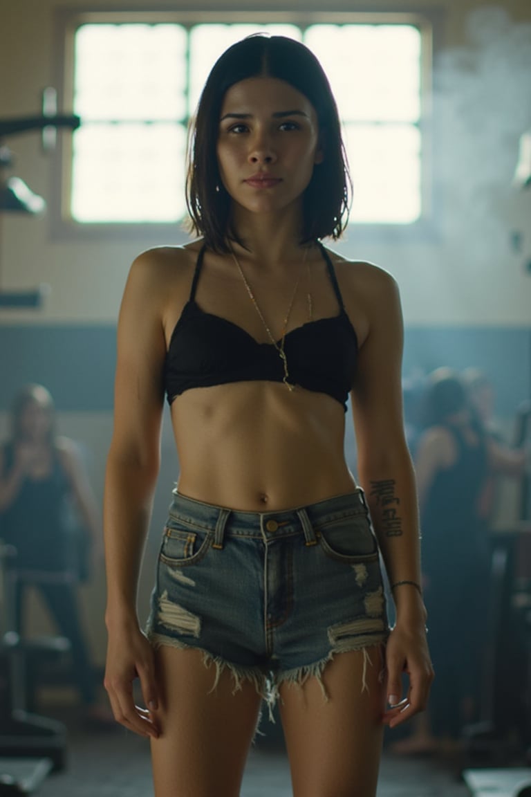 A young woman (emely) with a bob cut, smooth dark hair, and pale skin stands confidently in a gym, wearing a sleek black bikini top and distressed denim shorts with frayed hems. Soft, diffused light from a large north-facing window above casts a gentle glow, accentuating her toned physique, while a subtle fill light from the side adds depth to her determined expression. The atmosphere is reminiscent of a Wong Kar-wai film, with a muted color palette and a touch of film grain, evoking a sense of intimacy and realism. The camera, positioned at a wide angle, captures the scene with a shallow depth of field, blurring the background and drawing focus to the subject's dynamic pose, as if frozen in a moment of fierce concentration, with a hint of vulnerability.