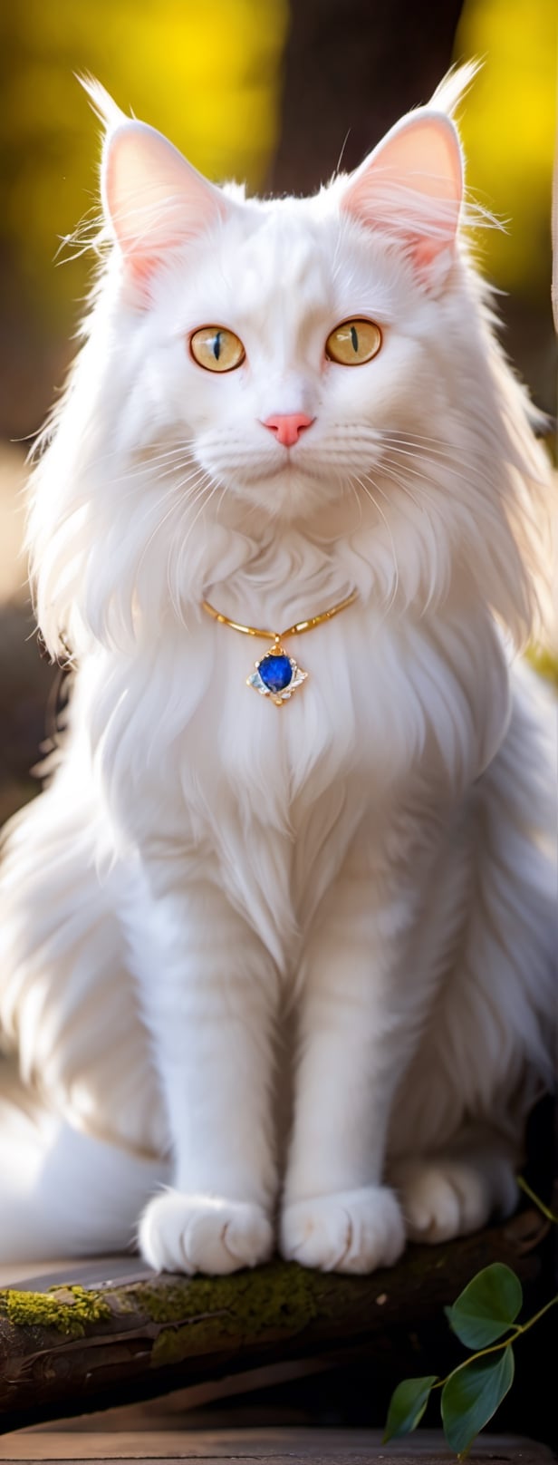 white MaineCoon cat, mystirious aura, She is the Angel of cat,seaside,under tree