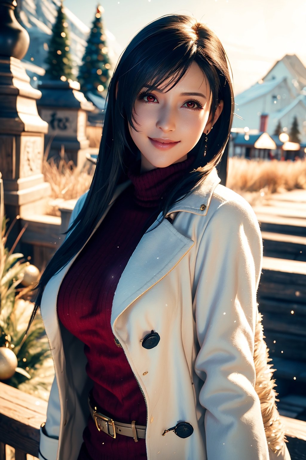 tifa, tifa FF7, tifa_lockhart, tifa lockhart, 1girl, black hair, long hair,very detailed image, curvy_figure, mixture of fantasy and realism, hdr, ultra hd, 4k, 8k,realhands,(Photorealistic: 1.4), top quality, very delicate and beautiful, high resolution,beautiful detailed red eyes, face light, high exposure,(big_breasts: 1.2), unreal engine 5, super realistic, wonder beauty ,1 girl, christmas, smiling, christmas_tree, slender, smiling, snowing, winter, winter_outfits, wool coat, shawl, new zealand, night,cliff hill and moutain background, turtleneck sweater, cottage
