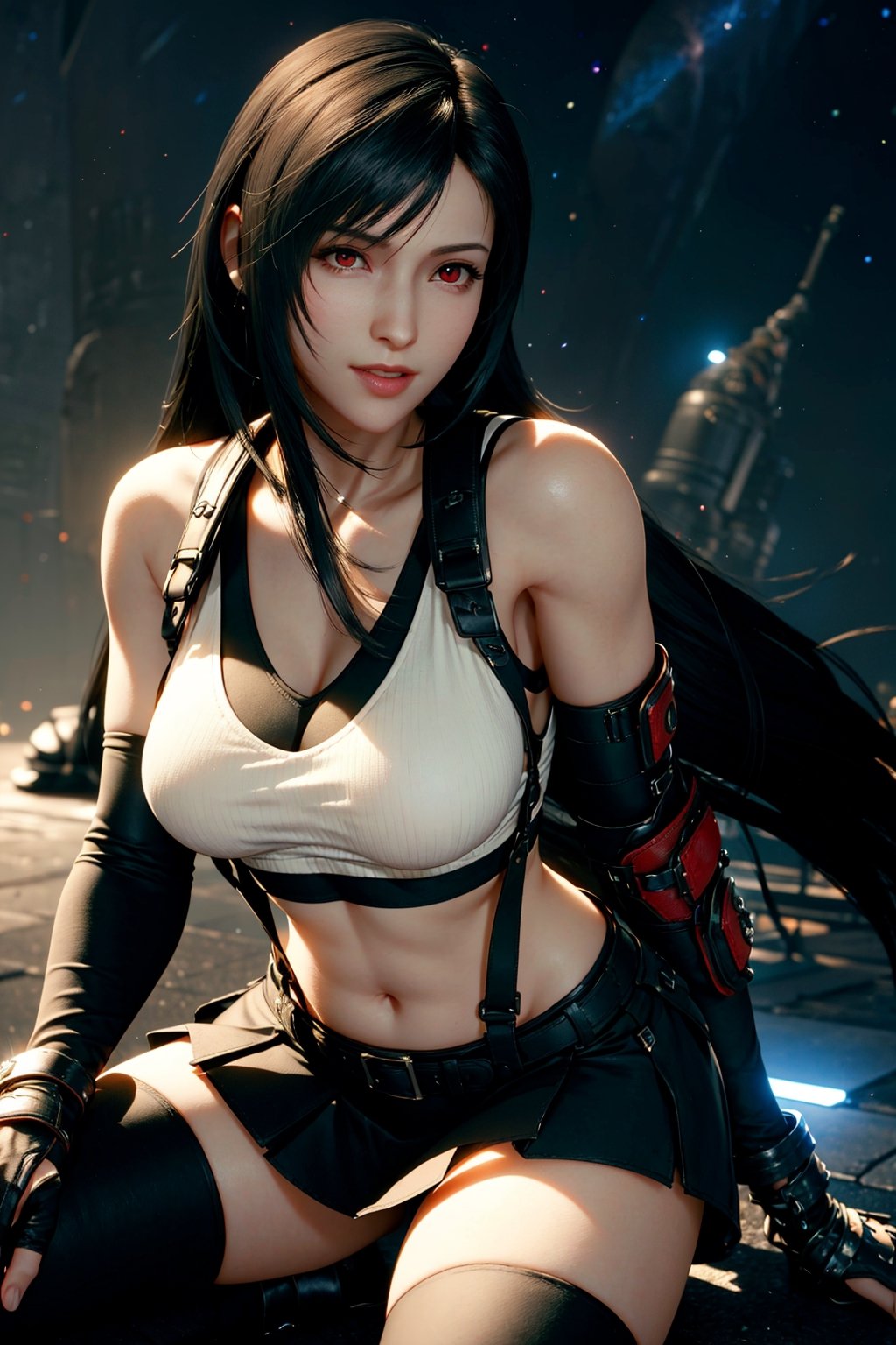 tifa, tifa FF7, tifa_lockhart, tifa lockhart, 1girl, black hair, long hair,very detailed image, ankle boots, black hair, black skirt, black thighhighs, boots, breasts, crop top, elbow gloves, elbow pads, suspenders, fingerless gloves, official art, curvy_figure, mixture of fantasy and realism, hdr, ultra hd, 4k, 8k,realhands,(Photorealistic: 1.4), top quality, very delicate and beautiful, high resolution,(beautiful detailed red eyes: 1.0), face light, high exposure,(big_breasts: 1.2), unreal engine 5, super realistic, wonder beauty,smiling, slender, defTifa, close_up_portrait, (night_sky_background: 1.6)