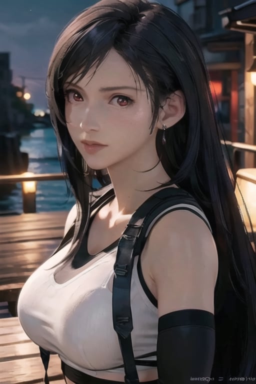 masterpiece, extremely detailed CG unity 8k wallpaper, official art, 1girl, solo,looking at the viewer, tifa lockhart,(best quality,  masterpiece:1.2), ultra detailed, (photo realistic:1.4), solo, sexy lady, night_beach, blurry_light_background, tifa_lockhart, long_hair, big_breast, red eyes