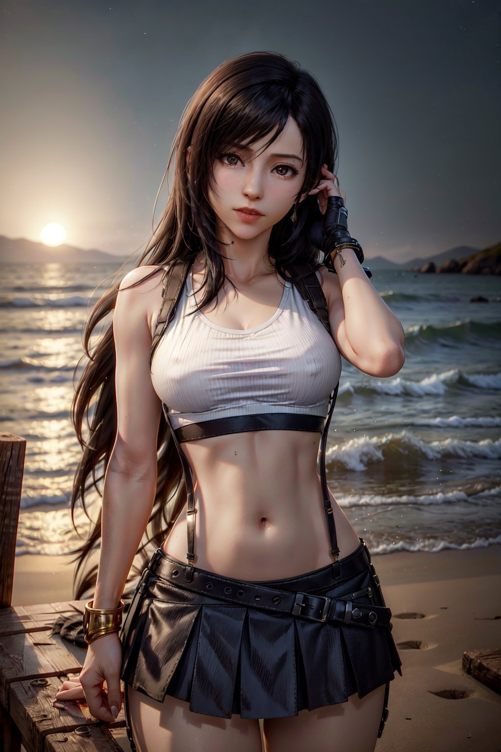 (8k,  RAW photo,  photorealistic:1.25),  1girl,  tifa lockhart, with golden accents,  (full body:1.2),  (highly detailed skin:1.2), ((slim,  skinny waist:1.4)), dynamic pose,  well sunlit,  ((looking at viewer)), Tifa, TifaFF7, white shirt, black skirt, suspenders, 1 girl, beautiful face, beautiful eyes, blue night sky, beach background, colorful